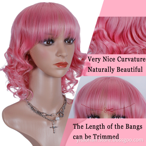 Pink wavy  Wig with Bangs Short Synthetic Hair Wigs for  Women Neon Pink Shoulder Length Wig for Daily Cosply Party Use
